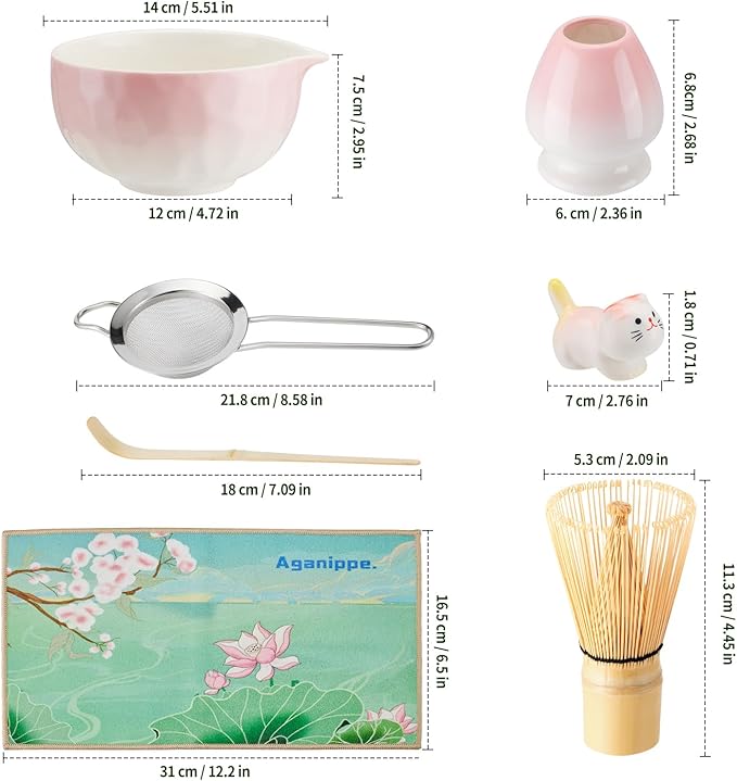 7 Pcs Matcha Whisk Set, Matcha Set Pink,Matcha Kit,Matcha Tea Set,Matcha Bowl Set with Pink Cat Scoop Holder, Tea Cloth, Sifter(Gradient Pink)