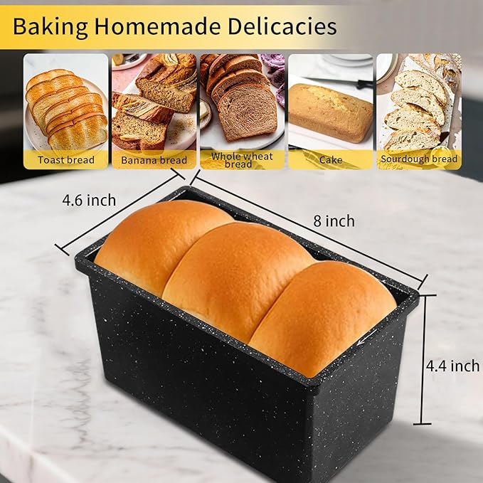 Loaf Pan with Lid Cast Aluminum, Pullman Loaf Pan for Homemade Sourdough Bread, Sandwich, Meatloaf Baking, 8x4 Inch Nonstick Deep Bread Tin with Cover, Oven Safe & Heavy Duty, Speckled Black