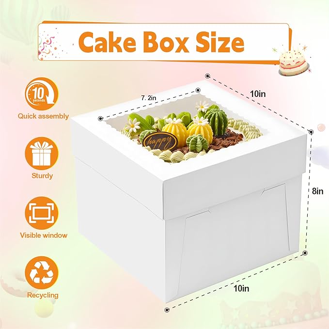 15pcs Cake Boxes, 10x10x8 Inch Cake Box With Viewing Window and Cake Board and Stickers, Tall Cake Box, Suitable for Birthday, Party, Wedding, Banquet