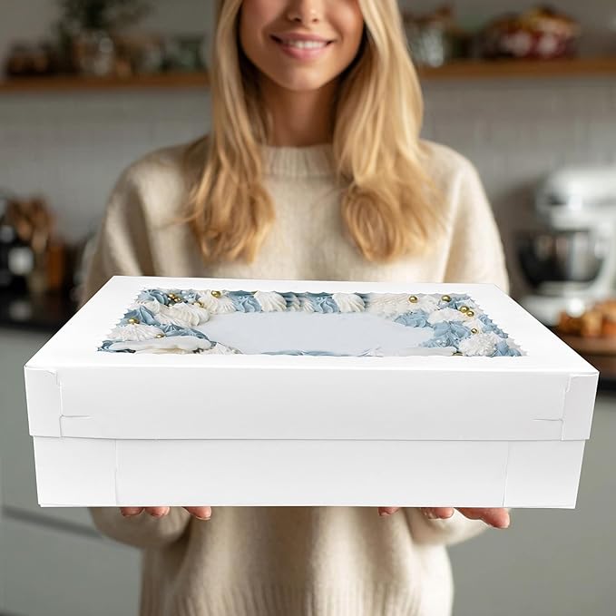 MUMULULU 4 PCS 19x14x5 Inch Cake Boxes with Cake Board White Sheet Rectangular Bakery Boxes with Window for Cookies Dessert Cupcakes Pastry Baking Pie Packaging