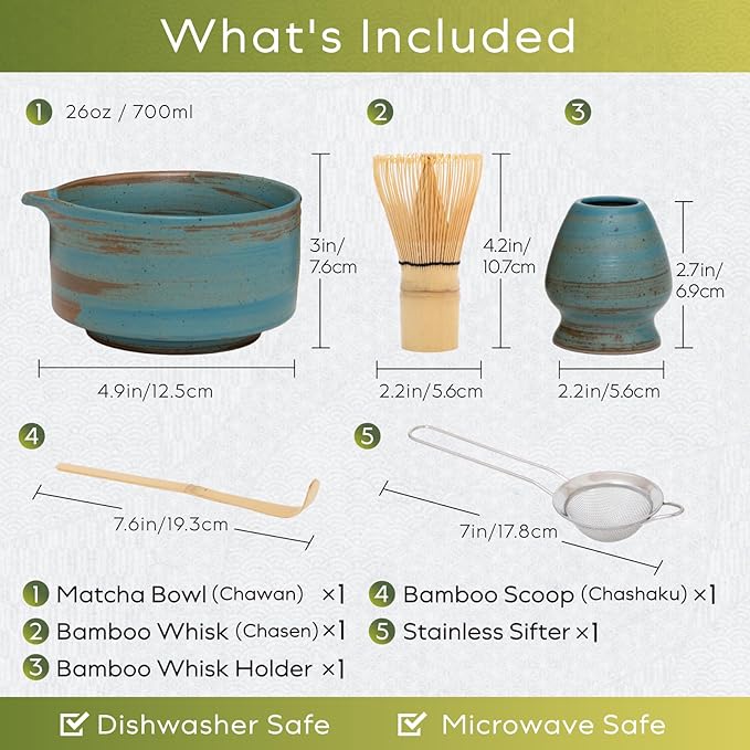 HIBINO Japanese Matcha Set | Matcha Bowl with Spout | Whisk & Holder | Bamboo Scoop & Stainless Sifter | 5-Piece Traditional Matcha Kit | Designed in Japan |「Rustic Teal」