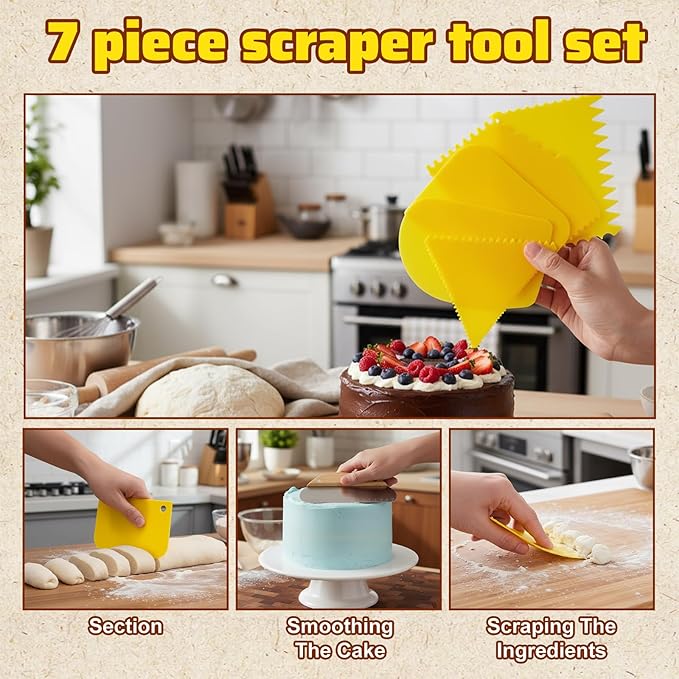 7pcs Dough Scraper Set - Bowl Scrapers for Bread Dough, Doughs Scraper, Bench Scrapers, Doughs Cutter - Yellow & Wood, Stainless Steel & Plastic