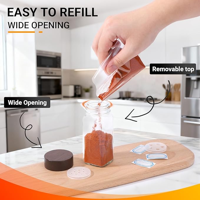 Segarty 4oz Spices Jars with Wood Lids, 3 Pack Square Spice Containers, Empty Glass Seasoning Organizers Spices 120ml Cereal Storage Bottles, Small Salt and Pepper Shakers with 7 Stickers and 1 Brush