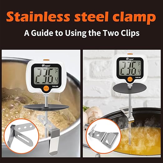 Digital Candy Thermometer with Adjustable Display, 304 Stainless Steel Probe, -58°F~572°F, Includes 2 Pot Clips & Heat-Insulating Pad for Sugar Syrup, Jam, Chocolate, Frying Oil (White)