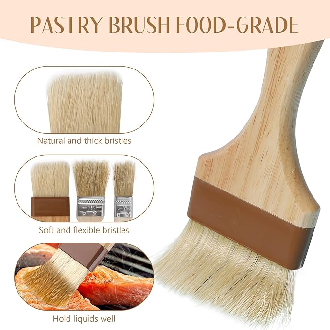 5-Pack Basting Brush for Cooking, Food Brushs, Pastry Brush for Baking, Durable Natural Bristles, No Shedding, Wooden Handle, for Barbecue, Sauces, Butter, Egg Wash, Marinades