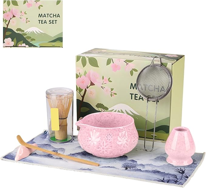 Matcha Whisk Set, 7 Pcs Matcha Kit Includes Matcha Bowl, Whisk and Holder, Bamboo Scoop, Scoop Rest, Sifter and Tea Towel, Gift for Matcha Lover (Pink)