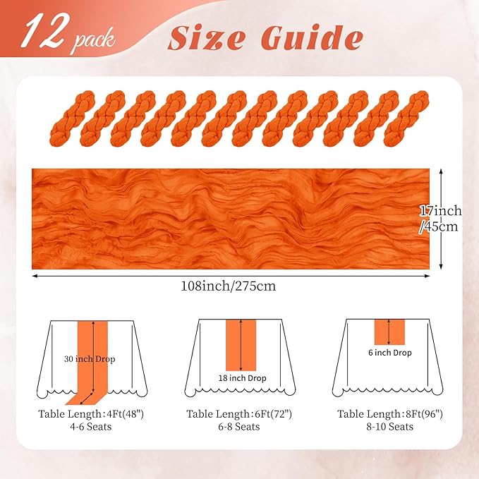 12 Pack Orange Cheesecloth Table Runner 17x108 Inch Semi Sheer Boho Gauze Cheese Cloth Fabric Table Runners, for Wedding Party Baby Shower Birthday Home Decor Garden Farmhouse