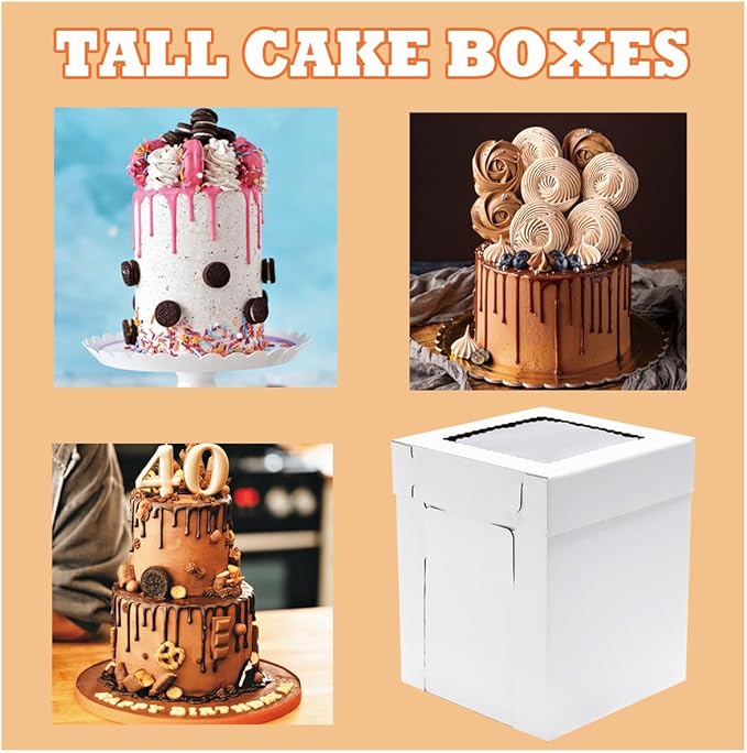JJO Tall Cake Boxes for Tier Cakes, 6 Pack 10x10x12 Inch,White Cake Boxes with Window,Sturdy Tall Cake Carrier, Disposable Cake Containers