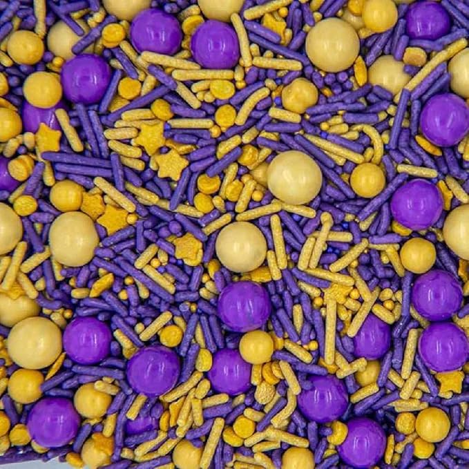 Lakers Purple and Gold Sprinkles for Cake, Cookie, Cupcake Decorating, and Baking - Lakers and Mardi Gras Cake Decorations in Purple Jimmies, Nonpareils, Sprinkles with Chocolate Balls