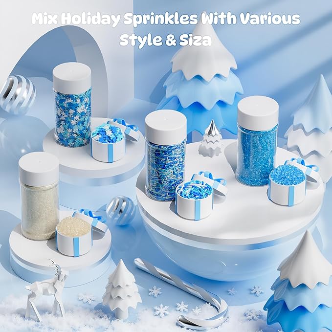 Winter Sprinkles 4 Jars Christmas Sanding Sugar Snowflake Confetti Snowman Jimmies Baking Decorations for Holiday Cookies Cupcakes 12oz