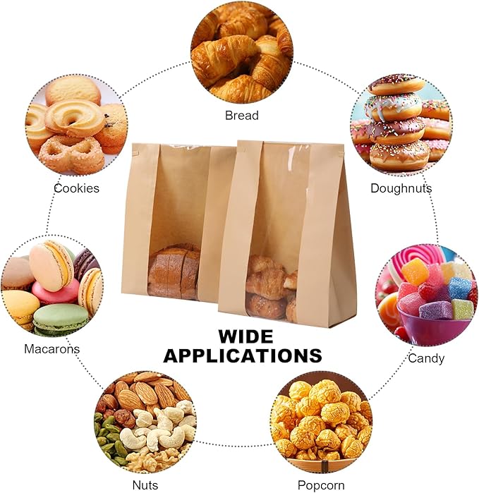 45 Pack Paper Bread Bags for Homemade Baking - Tin Tie Tab Lock Sourdough Bag, Large Loaf Packaging With Clear Window for Storage - 48 Label Seal Stickers for Bakery Use