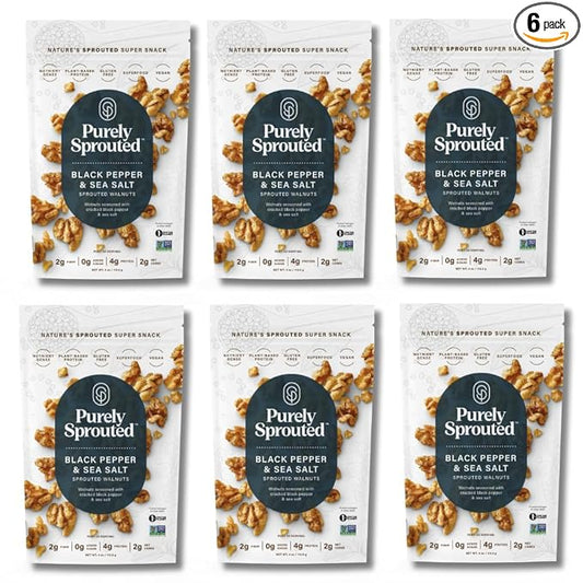 Purely Sprouted Black Pepper & Sea Salt Sprouted Walnuts, Non-GMO Superfood for Healthy, Certified USDA Organic, Gluten-Free Snacking (4 oz, 6 pack)