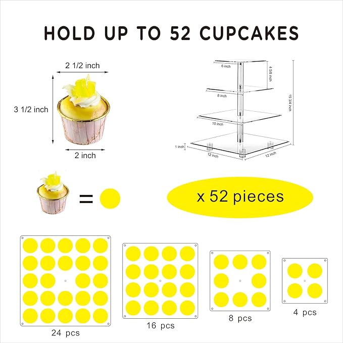 Cupcake Stand, Elegant Cupcake Holder with Brighter Yellow LED String Light, Clear 4-Tier Square Acrylic Cupcake Tower for Wedding, Birthday, Baby Shower, Party