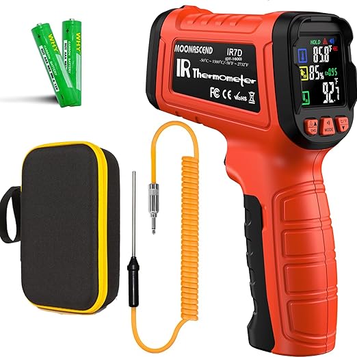 -58°F to 2732°F Infrared Thermometer Gun, 50:1 Laser Thermometer Gun for Oven, BBQ, HVAC, Humidity Measurement for Wood, Wall, IR Temperature Gun for Engine, Forging, Industrial & Home Use