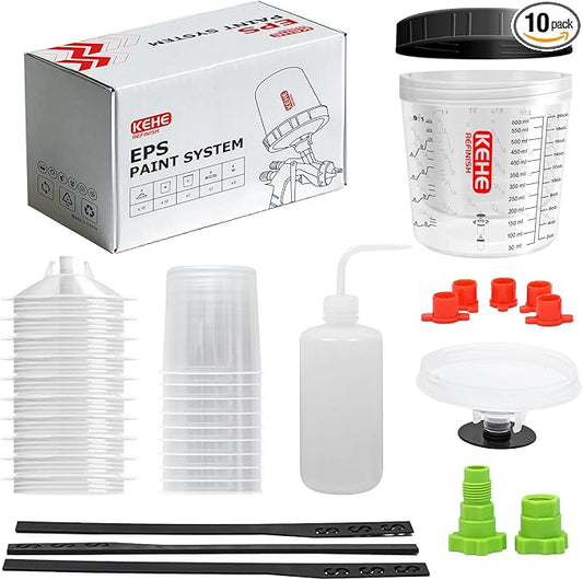 Disposable Paint Cups for Spray Gun,Mixing Cups 20 Ounce (600ml) Kit with 10 Liners and Lids with Strainer System for HVLP&LVLP,1 Hard Cup with Retainer Ring,5 Plugs,1 Cap,2 Adapters,1 Wash Bottle