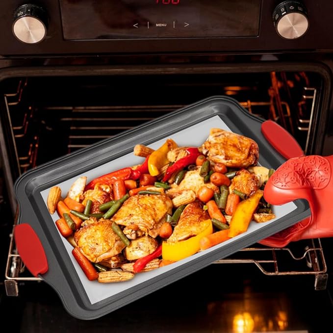 Non-Stick Baking Sheets Set of 3, Deluxe Black Non-Stick Carbon Steel, Commercial Grade Restaurant Quality Metal Bakeware with Red Silicone Handles(Black)