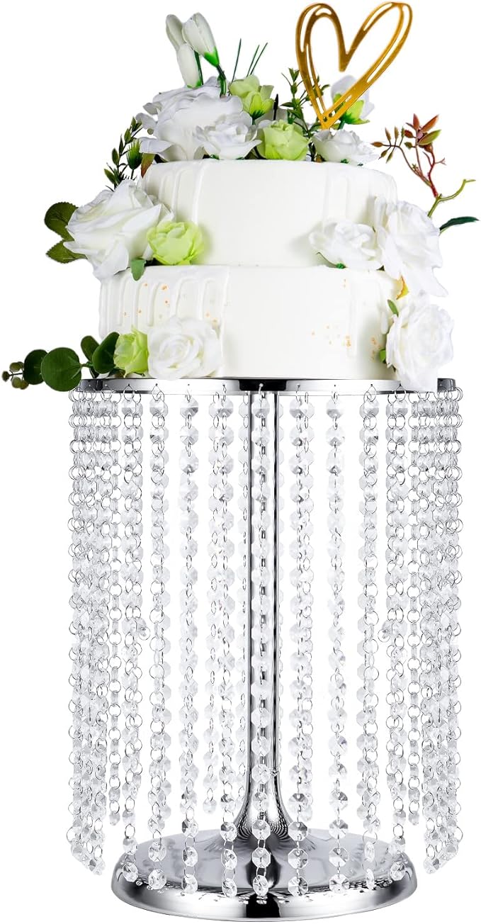 LANLONG Wedding Cake Stand for Dessert Table 12 Inch Silver Crystal Pendants Metal Cake Stand Serves as A Round Dessert Cupcake Display Plate 16 Inch Tall (Silver)