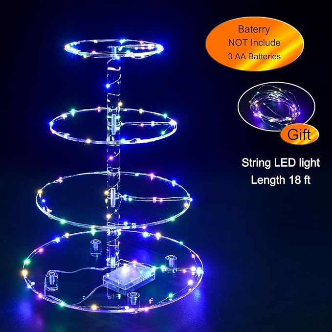 Cupcake Stand, 4-Tier Round Cupcake Holder with LED light String, Acrylic Cupcake Tower Display-Dessert Tower-Pastry Stand-Cupcake Tier Stand for Wedding, Birthday party ( Colorful Light)