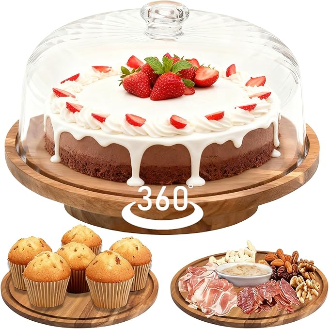 cutesun acacia wood cake stand with lid, 11.8'' Rotating Cake Stand with Dome, Shaterproof 10.4'' Acrylic Cake Display Cover, Cake Holder Tray for Wedding Gift，Kitchen,Birthday,Parties,Baking Gifts