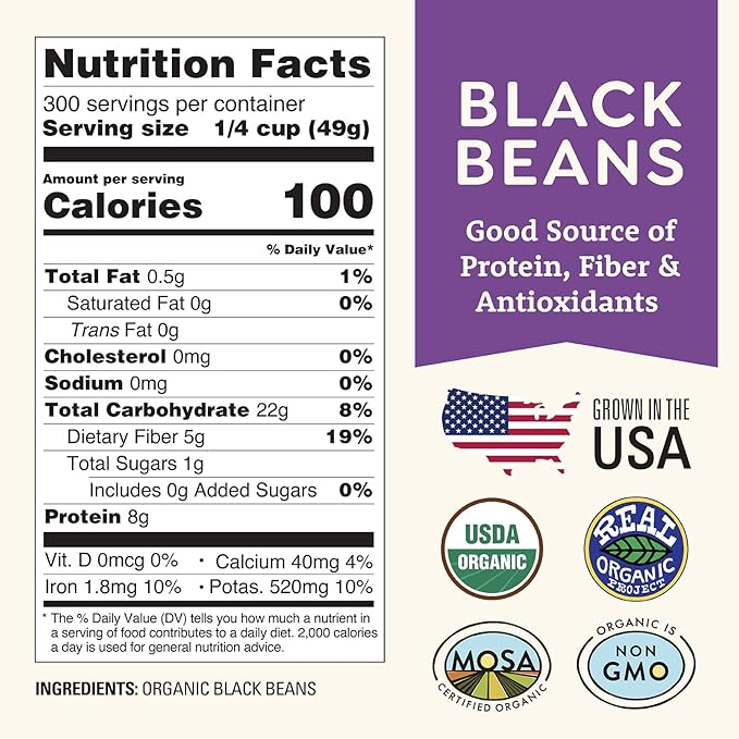 Organic Dried Black Beans 25 lb, Unsalted, Low-Sodium, Non-GMO, Farmed From Regenerative Soil, Tested Clean Certified – Rich in Fiber & Protein – Perfect for Soups, Burritos, Salads & Chili by Doudlah Farms