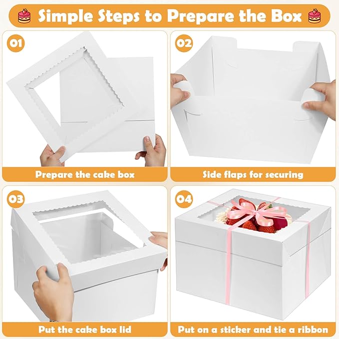 24 Pcs Cake Boxes 12 inch with 12x12x8 Inches 12Pcs Tall Cake Box,10Pcs Cake Board, Stiker &Ribbon, Large Baking Boxes, Square Cardboard Cake Boxes for Multi-Layer Cakes