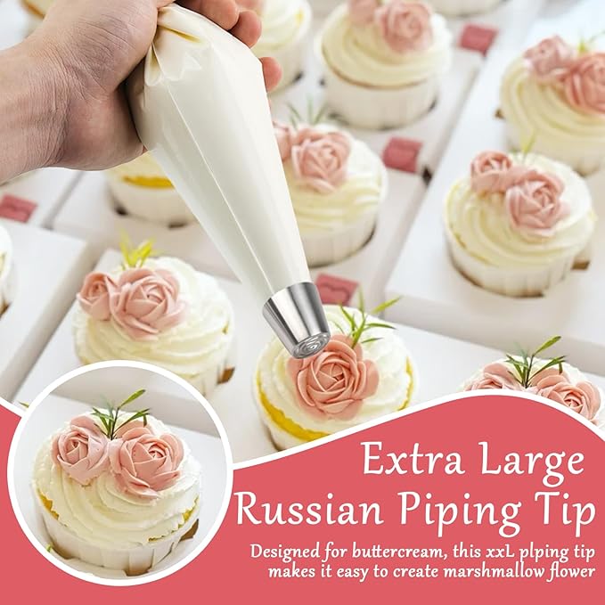Extra Large Russian Piping Tip Stainless Steel Rose Floral Piping Nozzle Icing Piping Kit for Cake Decorating Flower Frosting Piping Pastry Cupcakes Cakes Cookies Desserts Baking Tool