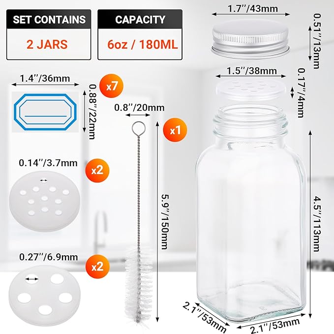 Segarty 6oz Spice Jar with Silver Aluminum Lid, 2 PCS 180ml Square Seasoning Jars with Labels, Empty Glass Storage Bottle for Salt Pepper Sugar Cereal, Large Seasoning Shakers with 7 Stickers, 1 Brush