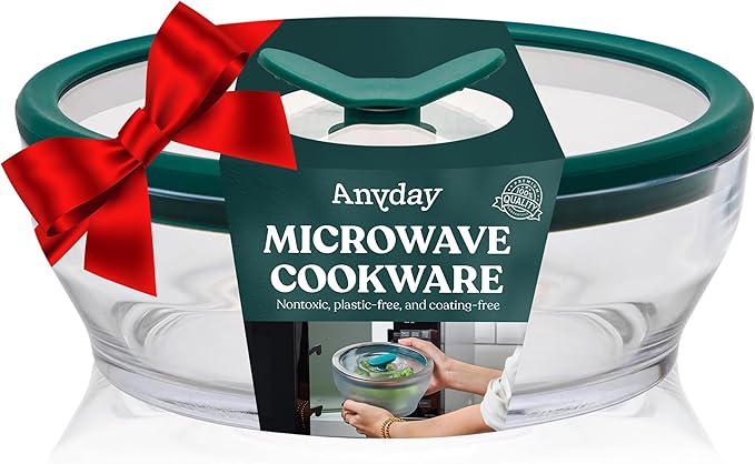 Anyday 4-Cup Glass Food Storage with Glass Lid, Round Shallow Dish | Plastic-Free Meal Prep & Microwave Cookware | Stackable Airtight Storage Container with Vented Lid for Microwave-Safe Reheating