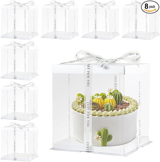8 Packs Tall Cake Boxes with Ribbon,10x10x9 inches Bakery Boxes,White Multi-Layer Cake Containers for Birthday,Wedding,Halloween(White, 10 * 10 * 9inch/8pcs)