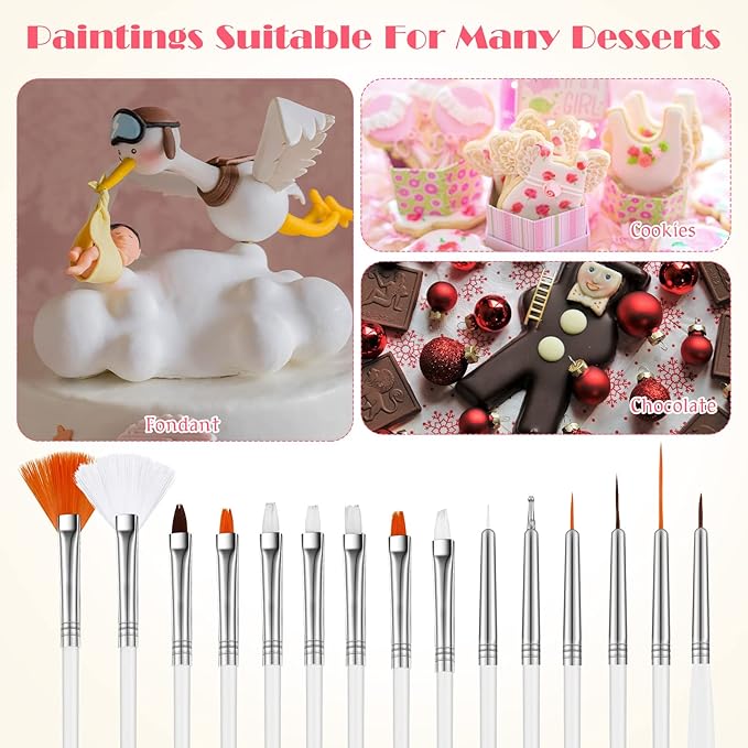 Lounsweer 30 Pcs Cake Decorating Brushes Cake Painting Brushes Food Paint Multiple Function Fondant Cookie DIY Tool Set Icing Pastry Tool for Baking (White)