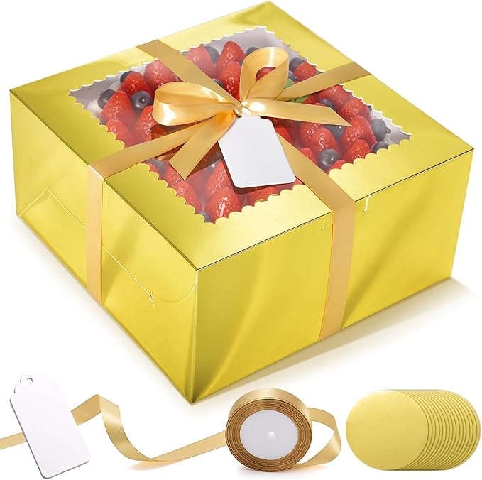 32Pcs 10 Inch Cake Boxes with Cake Boards (16Pcs Gold Cake Boxes, 16Pcs Cake Boards), 10x10x5 Inch Bakery Boxes with Window, Cake Carrier Container for Birthday Party, Wedding