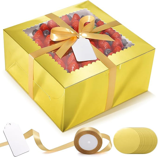 32Pcs 10 Inch Cake Boxes with Cake Boards (16Pcs Gold Cake Boxes, 16Pcs Cake Boards), 10x10x5 Inch Bakery Boxes with Window, Cake Carrier Container for Birthday Party, Wedding