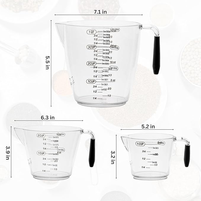 Dalup Measuring Cup Set – Clear Plastic Liquid Measuring Cups (8/16/32 oz) with Spout & Non-Slip Handle | 3-Piece Plastic Measuring Cup Set for Liquids & Dry Ingredients