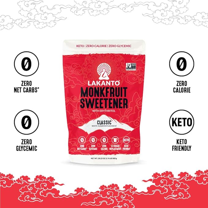 Lakanto Monk Fruit Sweetener with Erythritol, White Sugar Substitute, Monk Fruit Extract, Classic White Sugar Replacement for Baking, Coffee, Tea, Gluten Free, Low Carb, Non GMO, Keto, 1.76 LB Bag