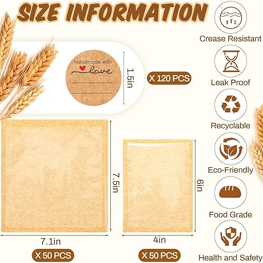 Outus 100 Pcs Heat Sealable Cookie Bags with Window 7.1 x 7.5 Inch, 4 x 6 Inch Grease Resistant Kraft Bakery Pastry Bags with Stickers for Packaging Donut Bread Cookie Goods Sandwich Baked Treat