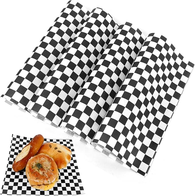 200 Pcs Wax Paper Sheets for Food Deli Wrap Paper Sheets 8.5x8.5"Food Basket Liners Black Checkered Square Sandwich Wraps for Burgers Bread Restaurant Barbecue Picnic
