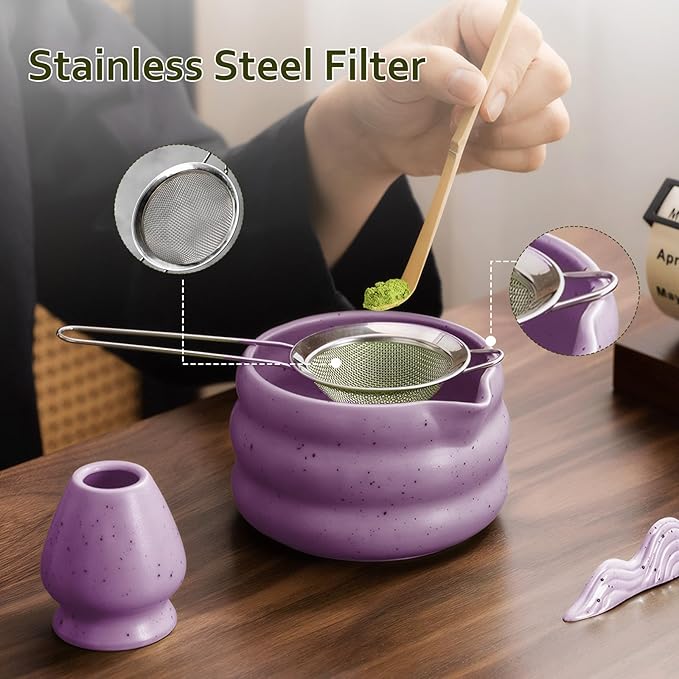 cjc 7-Pcs Matcha Whisk Set, Matcha Sets - Matcha Bowl with Spout, Bamboo Whisk and Holder, Scoop, Sifter ect.– Complete Gift for Matcha Lovers, Japanese Tea Ceremony（Pruple）