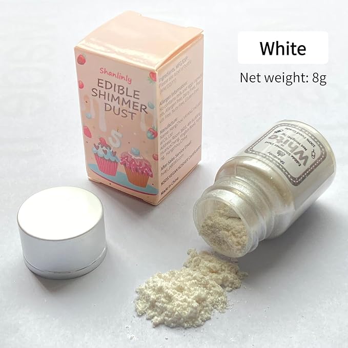 Shanlinly White Edible Luster Dust - 8 Grams Food Grade Cake Dust Shimmer Powdered, Edible Metallic Powder Food Coloring for Cake Decorating, Chocolates, Fondant, Drinks, Painting & More, Vegan