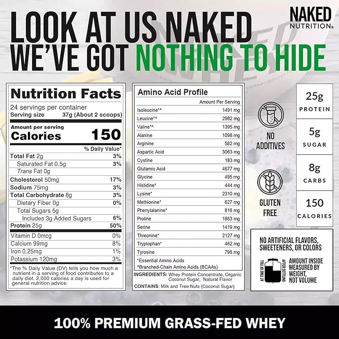 NAKED Whey Vanilla Protein Powder - Only 3 Ingredients - Grass Fed Whey Protein Powder, Vanilla Flavor, and Organic Coconut Sugar, No GMO, No Soy, and Gluten Free - 24 Servings