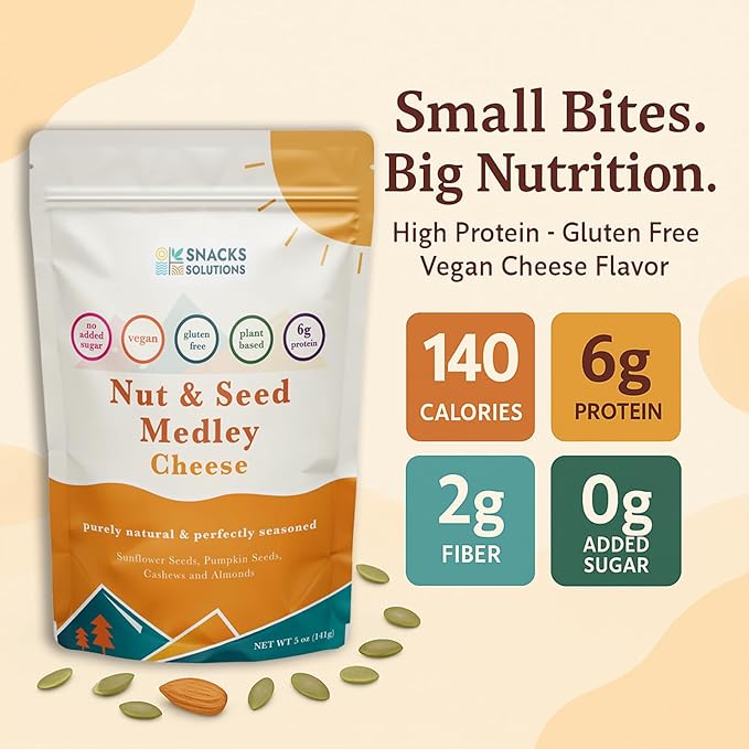 Snacks Solutions Nut and Seed Medley (5 oz -Pack of 6, Cheese) Gluten Free, Natural and Perfectly Seasoned, Sunflower Seeds, Pumpkin seeds, Cashews and Almonds