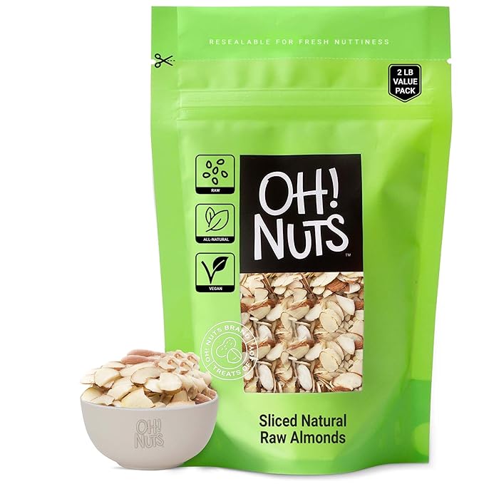 Oh! Nuts Almonds Natural Sliced - Raw - 100% Natural - 2 lb - High-Protein Almond Slices - Packed in New York Zip-Seal Bag for Exceptional Freshness