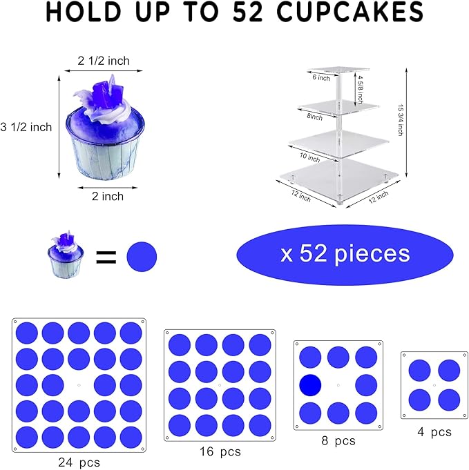 Cupcake Stand, 4-Tier Square Cupcake Holder with LED light String, Acrylic Cupcake Tower Display-Dessert Tower-Pastry Stand-Cupcake Tier Stand for Wedding, Birthday party ( Blue Light)