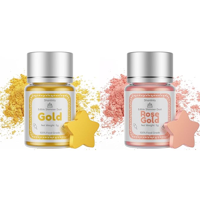 Gold Rose Gold Luster Dust Edible Glitter Drinks Set - Food Grade Cake Dust Shimmer Powdered, Vegan Edible Metallic Powder Food Coloring for Cake Decorating, Chocolates, Fondant, Paints, Kosher