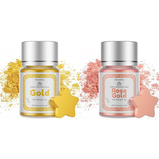 Gold Rose Gold Luster Dust Edible Glitter Drinks Set - Food Grade Cake Dust Shimmer Powdered, Vegan Edible Metallic Powder Food Coloring for Cake Decorating, Chocolates, Fondant, Paints, Kosher