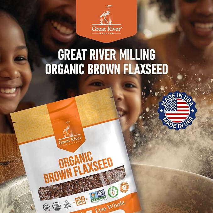 Great River Milling Organic Whole Grain Brown Flaxseed | High-Fiber, Omega-3 Rich Superfood | Gluten Free, Non-GMO, Kosher, USDA Organic | Ideal for Baking, Smoothies & Home Milling | 2 Lb