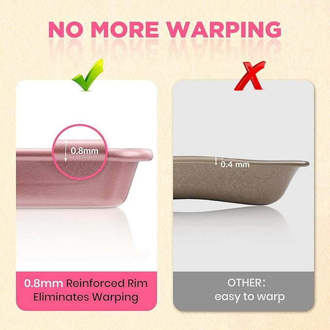 Saker nonstick baking sheet pan set,EvenHeat Baking Sheets Set of 2, Non-Stick Cookie Pan for Perfect Baking Results, Oven Safe Carbon Steel Bakeware (Pink)