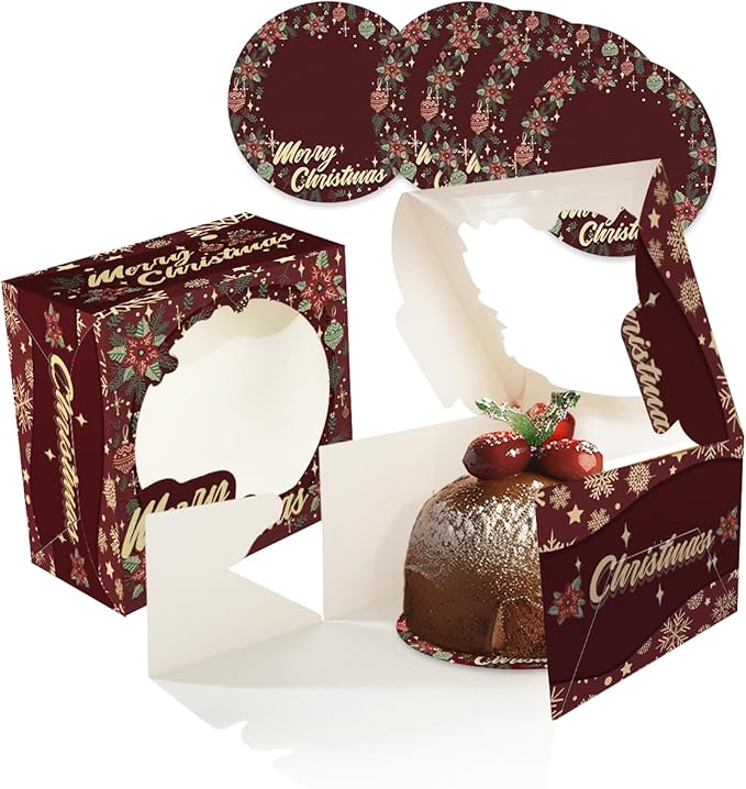 Bakepacker Christmas 4pcs 8x8x5 inches Cake Boxes with Window 4-Packs, 8 Inch Bakery Box Colorful Christmas