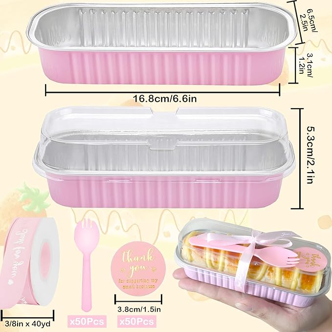 50 Pack Mini Loaf Pans with Lids and Spoons, 6.8 Oz Mini Cake Pans with Lids for Baking,Pink Disposable Rectangle Aluminum Foil Loaf Pan with Ribbon Stickers，Small Cake Containers Tin（Pink）