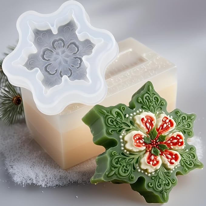 Snowflake Silicone Molds Christmas Snowflake Soap Molds Snowflakes Candle Mold 3D Christmas Silicone Chocolate Mold for Making Handmade Soaps Candles Bath Bomb Cookie Cake Candy Chocolate (White 2)