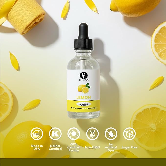 Natural Lemon Extract – Crisp Lemon Flavoring for Drinks, Baking, Desserts, Cocktails & Mocktails | 2 oz Glass Bottle with Graduated Dropper | Fresh Citrus Taste | Dolce Flav